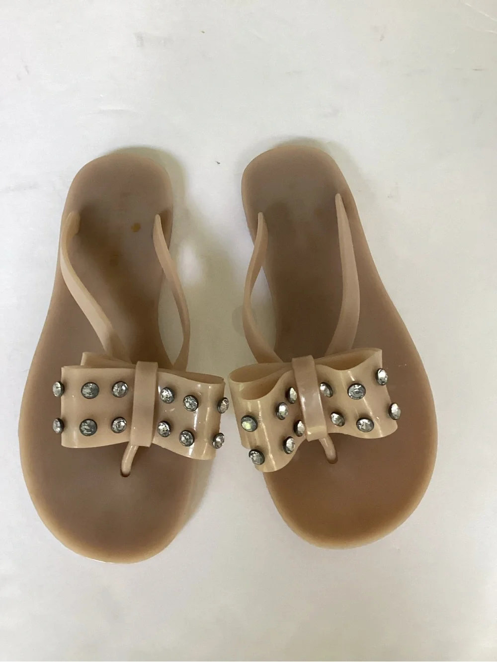 Kate Spade Jelly Bow Sandals Nude Rhinestone Studded Flip Flops Size 6